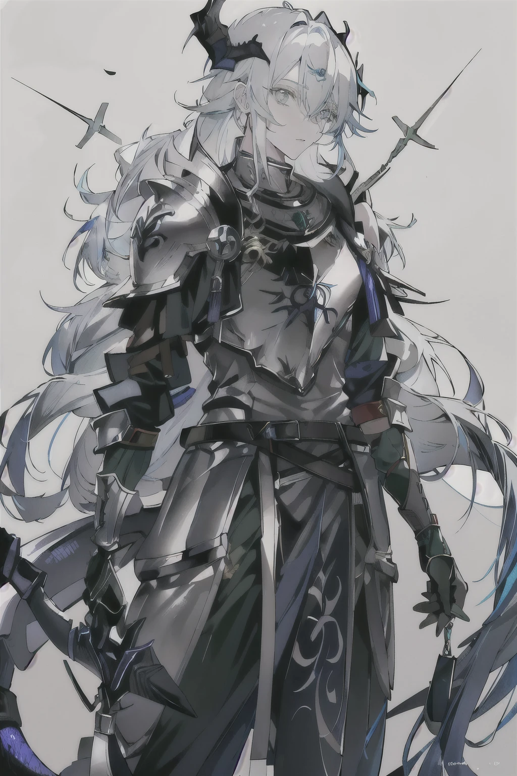 an anime man 1.80 tall (long silver hair) with (green eyes) with (a scar on his forehead in x) and (several runes on his body with a blue color but the most striking is one that resembles a dragon in your back) 

clothes (he wears a torn cloak and a breastplate together and shoulder pads made of old plates with a symbol of two dragons) (black coats)