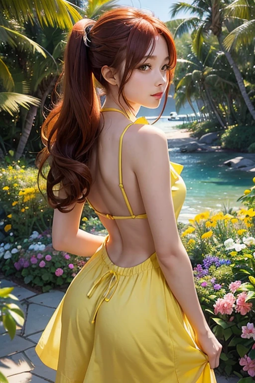 masterpiece, best quality, 1girl, solo,, looking back, (yellow sundress:1.3), garden, ass, backless outfit, sunlight, sunbeam very long hair,red hair,pony tail,beach(half-closed eyes, smug:0.8),