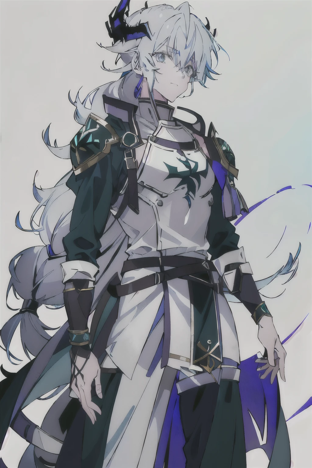 an anime man 1.80 tall (long silver hair) with (green eyes) with (a scar on his forehead in x) and (several runes on his body with a blue color but the most striking is one that resembles a dragon in your back) 

clothes (he wears a torn cloak and a breastplate together and shoulder pads made of old plates with a symbol of two dragons) (black coats)