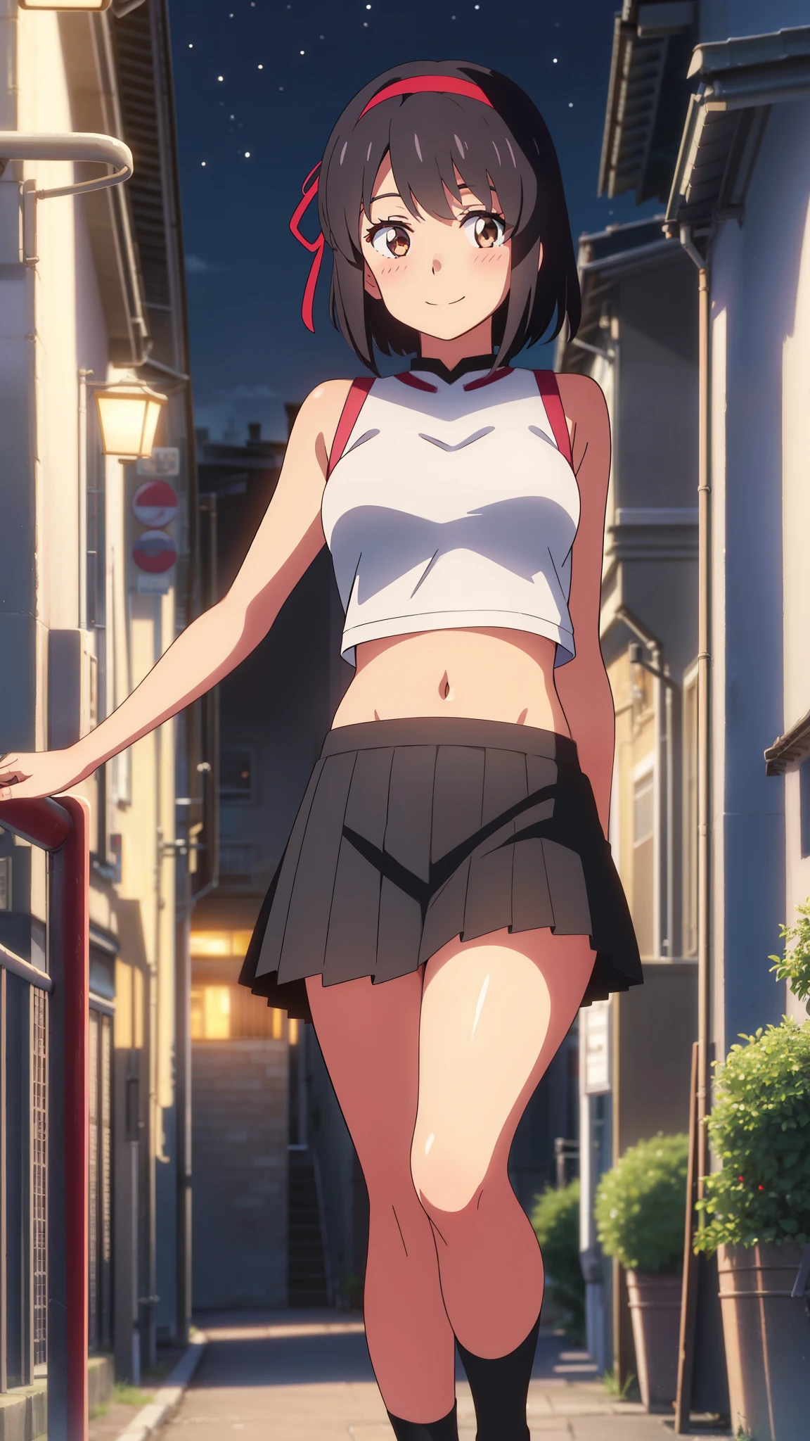 shinkai makoto, kimi no na wa., 1girl, bangs, black hair, blush, brown eyes, (white crop top, bare shoulders, black pleated skirt), red headband, red ribbon, short hair, smile, cute, solo, looking at viewer, outdoors, alley, dynamic pose, night, nightview