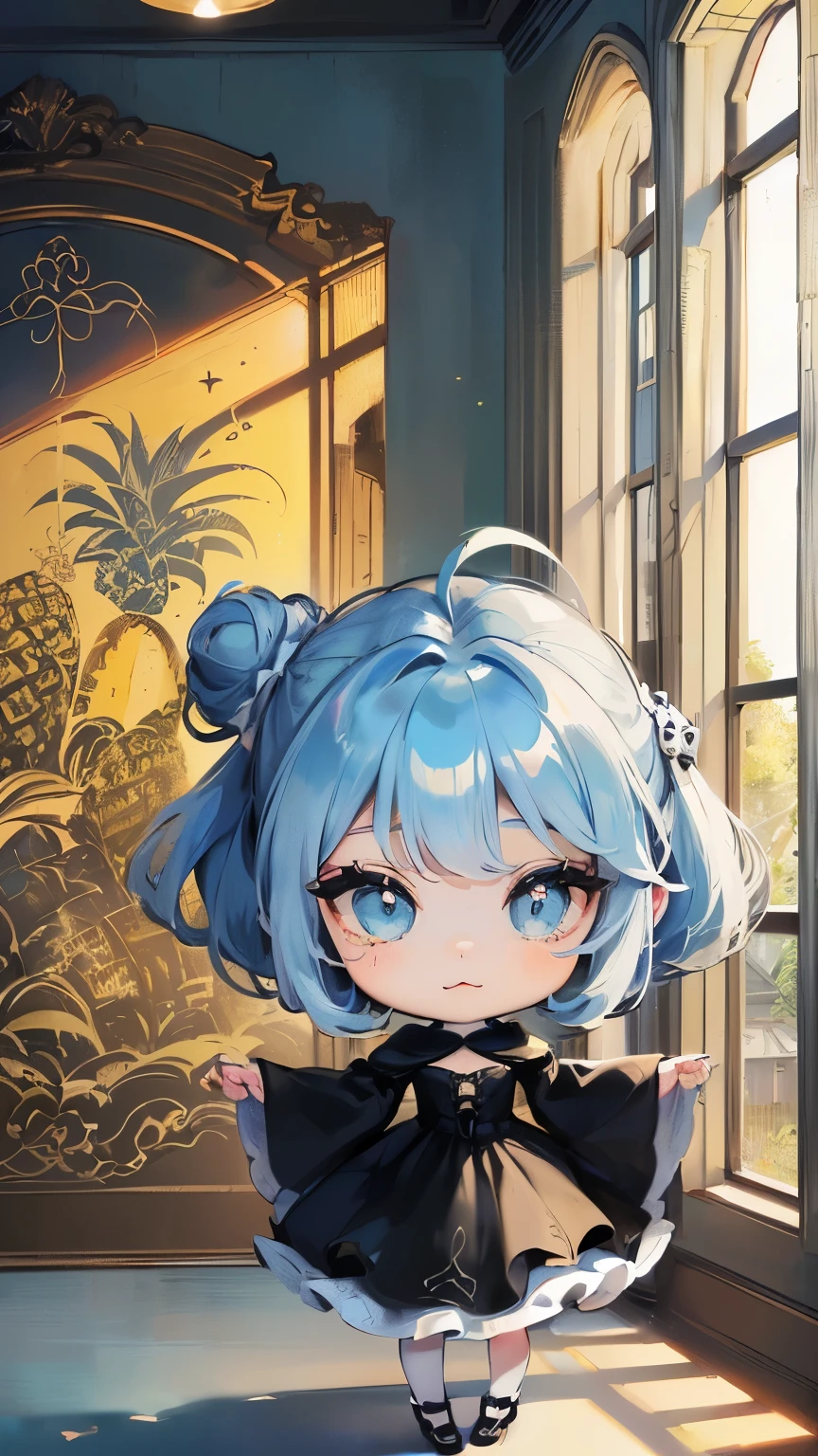 ((style:Colored pencil,pale colour)),(Chibi animation、masterpiece、Colored pencilで描かれた:1.2)、(Chibi Body、Small face、Cute all over、Light blue hair color, Short chignon hair:1.4),(eye shadow, Eyeliner:1.2),(Highly detailed eyes、Light blue eyes、The space between the eyes is narrow、Soft breast swelling、Gloss Lip、Very sharp outline、 :3, Ahoge, Symbol-shaped pupil、Very thin legs)、(Big fresh pineapple:1.4)、(Noble Pride、シースルーstyle、Black and white gorgeous dress:1.5),(Beautiful scenery of medieval Europe、Lake view from large window、The wind is blowing、Pineapple scene、Hotel-like room:1.3)