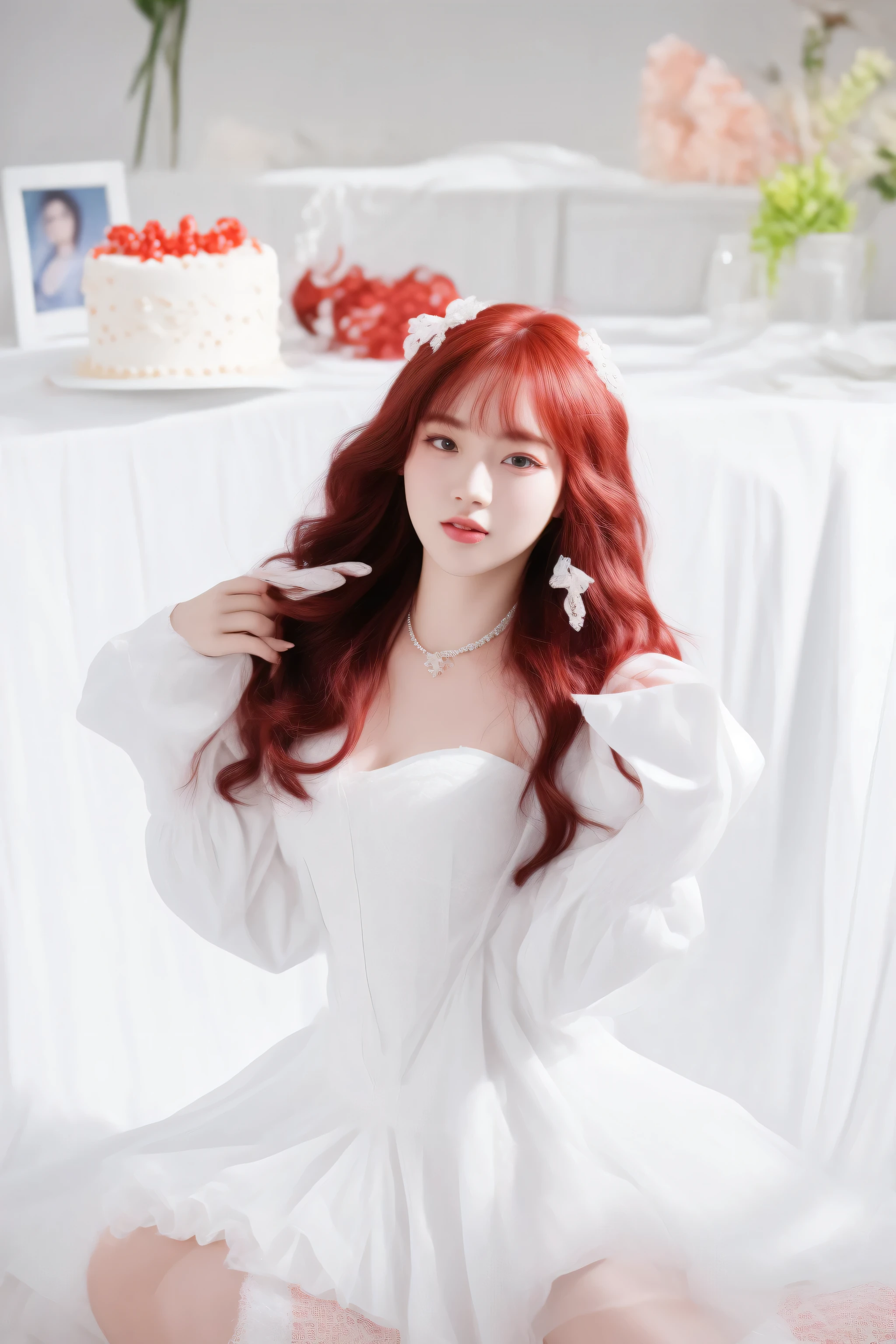 there is a woman sitting on a bed with a cake in the background, jinyoung shin, red velvet, sun yunjoo, lalisa manobal, long white hair and bangs, official artwork, with curly red hair, portrait of jossi of blackpink, ulzzang, with long red hair, with red hair, official photos, jaeyeon nam