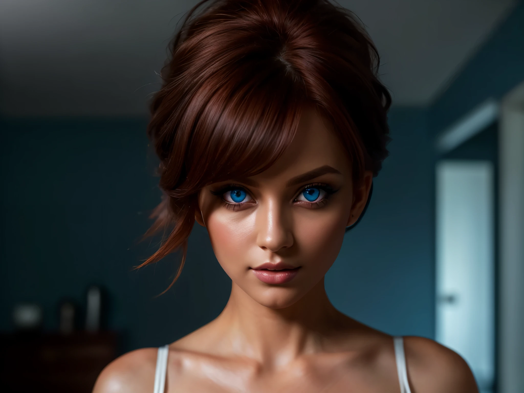 (((Full body 1.1, panorama, full-length, wallpaper, photo-posing, for magazine cover 1.1))), (((( very beautiful eyes 1.1)))). (perfect details: 1.1), (beautiful and clear background: 1.2), (extremely detailed CG, ultra detailed, best shadow: 1.1), (((finely detailed beautiful eyes))), (full length 1.1).a very beautiful woman with dark skin, red hair in a bob hairstyle, expressive blue eyes, wearing white lace lingerie, in a bedroom setting with a sexy and erotic atmosphere,(best quality,4k,8k,highres,masterpiece:1.2), ultra-detailed,(realistic,photorealistic,photo-realistic:1.37),portrait,glamorous,dramatic lighting,cinematic,chiaroscuro HDMI, HDRI, UDHD,(( Scatter effect)), (( volume effect 1.1)), (( Depth sharpness 1.1)), ((fisheye lens)).(perfect details: 1.1), (beautiful and clear background: 1.2), (extremely detailed CG, ultra detailed, best shadow: 1.1), (finely detailed beautiful eyes) , (full-length 1.1)