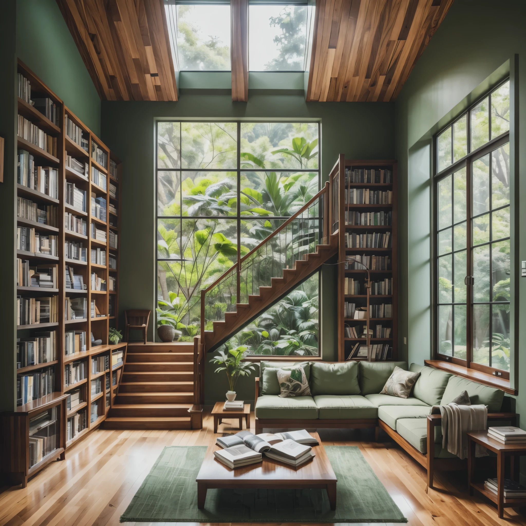 A room, theme, nature. A place to lounge, a library, a big window that opens to scenic views of lush greenery. Rainy day. Green and walnut themed furniture. So many stairs. A grandfather clock. A couple cuddling on the sofa