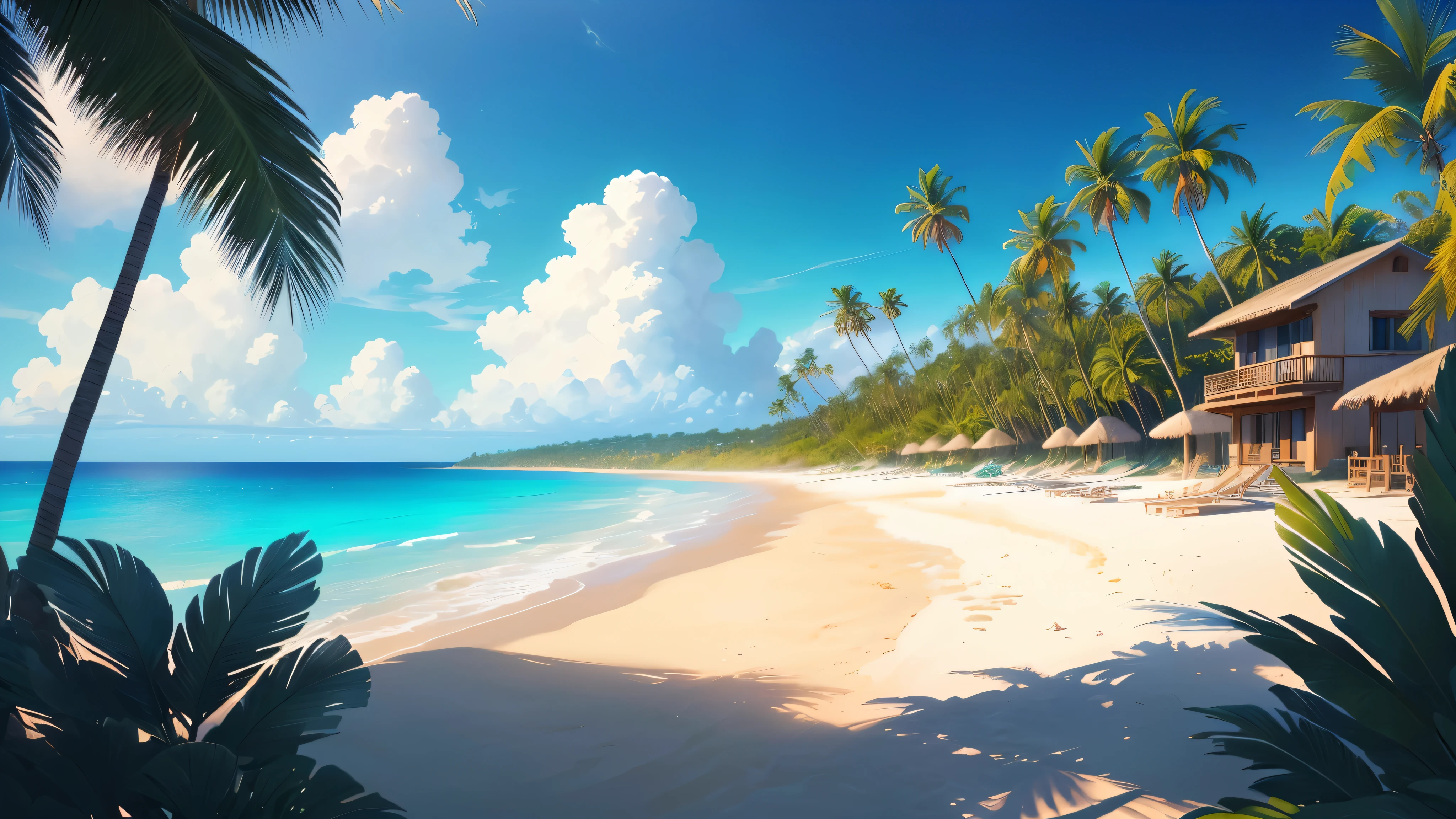 tropical house on the beach with palm trees and blue water, island background, anime background art, amazing wallpaper, background art, hd wallpaper, relaxing concept art, beautiful wallpaper, high quality desktop wallpaper, background artwork, pc wallpaper, anime background, tropical beach paradise, wallpaper hd, 4 k hd wallpaper very detailed, tropical location, amazing background, 4 k hd wallpaper illustration