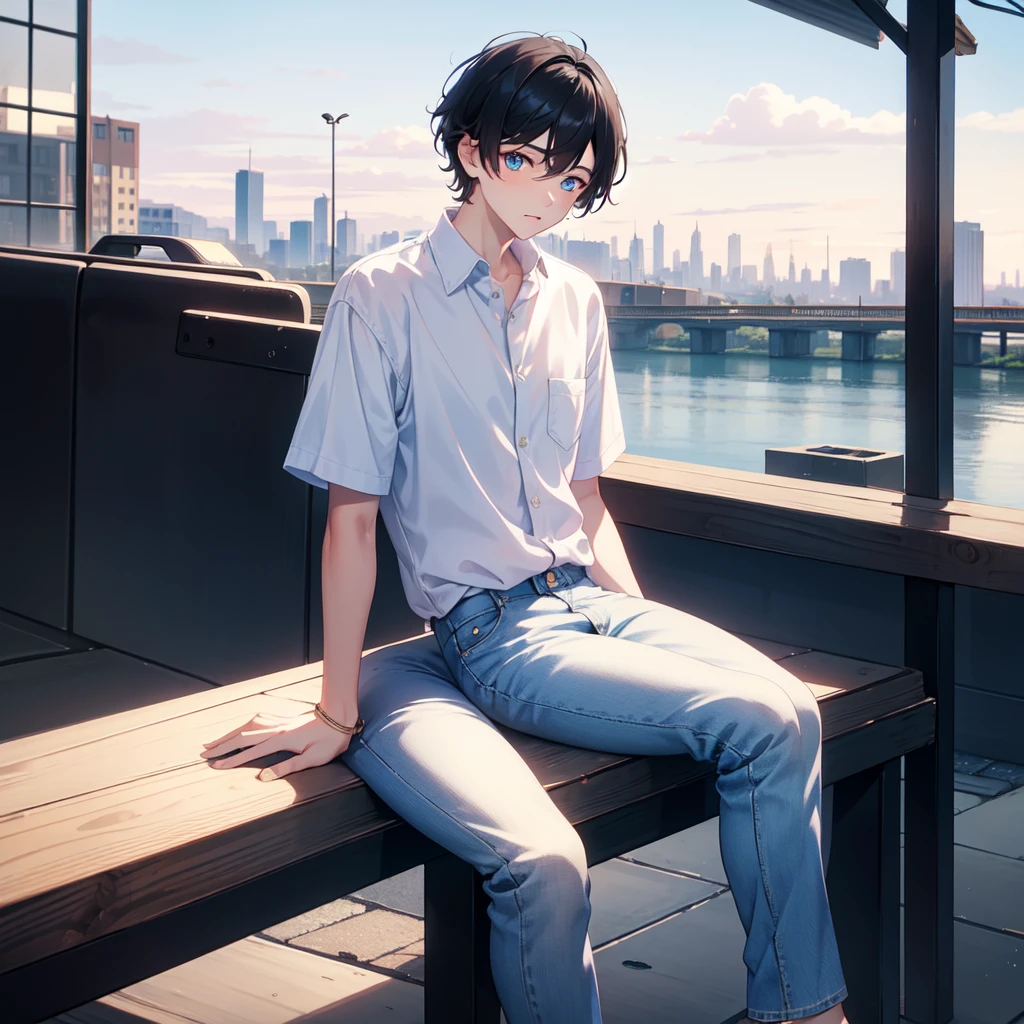 Masterpiece, best quality, 1boy, teenage, sitting on a platform, wears white shirt and farmer jeans, has short black hair, blue eyes, beautiful eyes, city landscape, sunny day