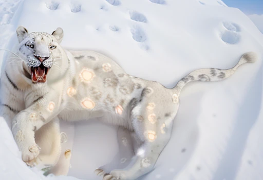A giant white leopard, (((with 3 long fangs))), snow land, uhd, 12k, photography, Professional photo realistic nikon, masterpiece, ultra realistic, raw photo