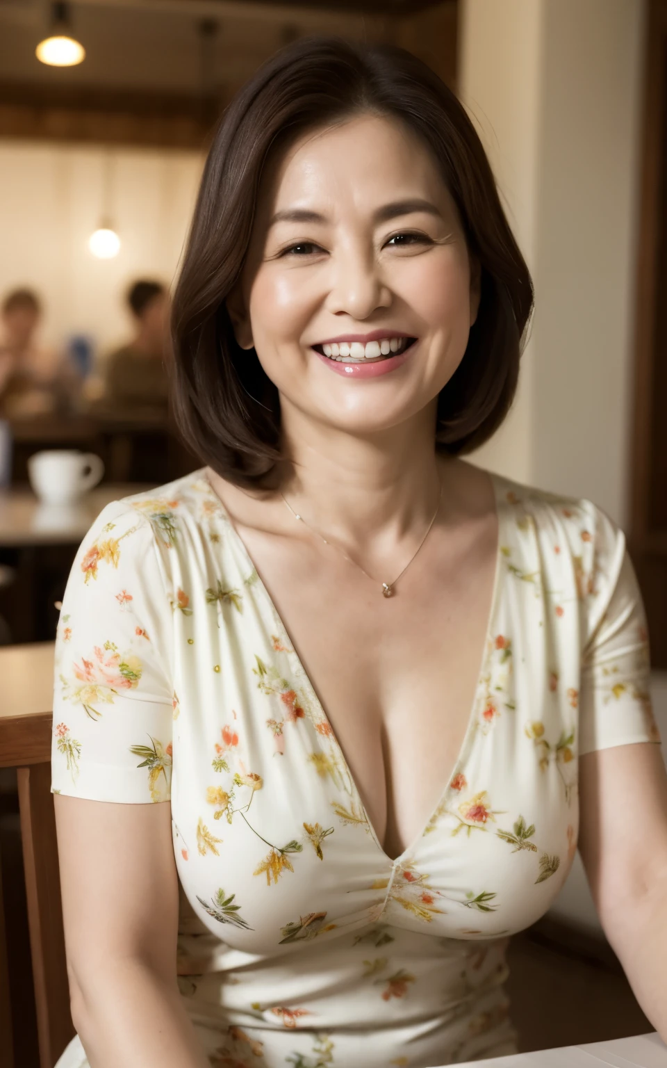 8k wallpaper, masterpiece, highest quality, Ultra-detailed, One mature woman, 50 years old, Highly revealing, Wearing a spring-like shirt, Skin dents, A seductive smile, Looking at the audience, Cleavage, plump, Curvaceous, Seductive face, Toothy smile, was happy, Sitting at a cafe, Background Blur