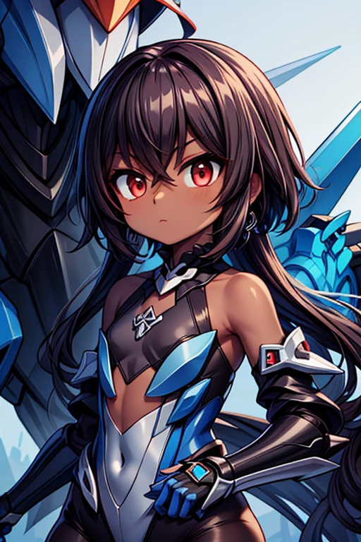 (((dark skin tone))),dark skin male, femboy, dark skin, cute shota,red eyes, blue mecha hairpin, dark brown hair medium hair,wearing a black exoskeleton, detached sleeves, blue mecha Gauntlets, black full bodysuit, honkai impact herrscher of reason,full armour mecha_musame,Elsword, close up