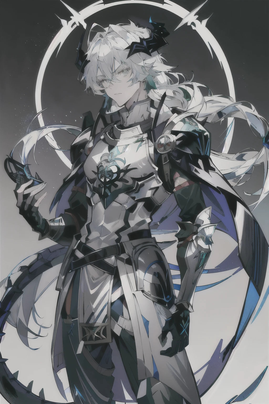 an anime man 1.80 tall (long silver hair) with (green eyes) with (a scar on his forehead in x) and (several runes on his body with a blue color but the most striking is one that resembles a dragon in your back) 

clothes (he wears a torn cloak and a breastplate together and shoulder pads made of old plates with a symbol of two dragons) (black coats)