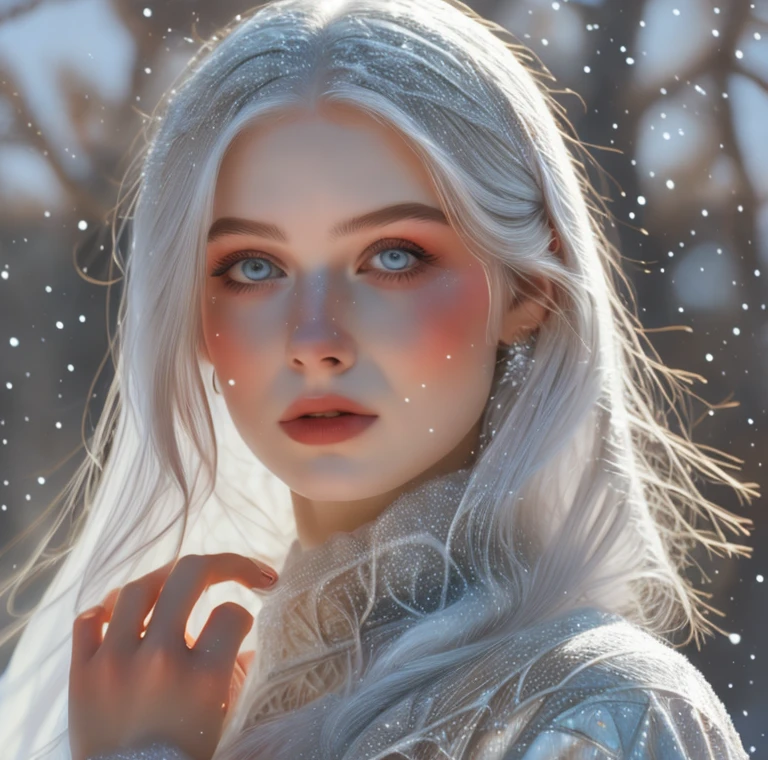 Beautiful girl, blue eyes, white hair, detailed facial traits, national turkic female dress, naked breasts, yurta behind, it's snowing