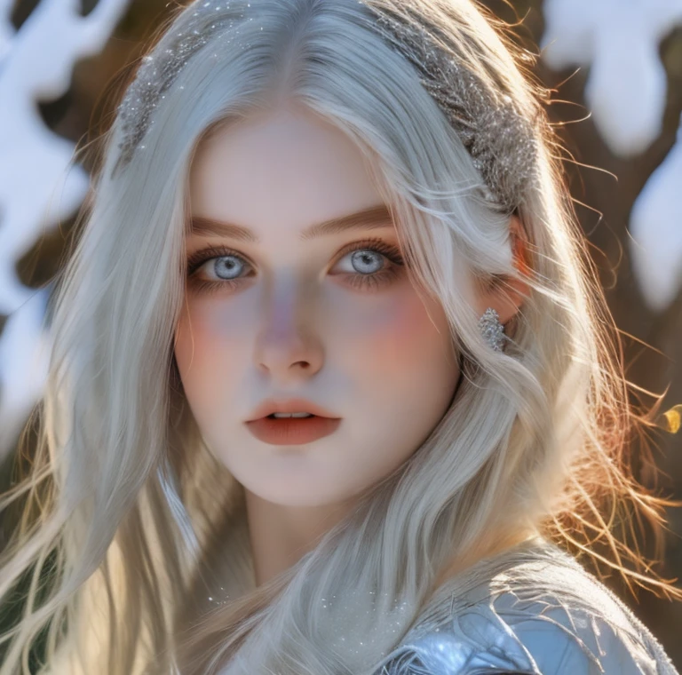 Beautiful girl, blue eyes, white hair, detailed facial traits, national turkic female dress, naked breasts, yurta behind, it's snowing