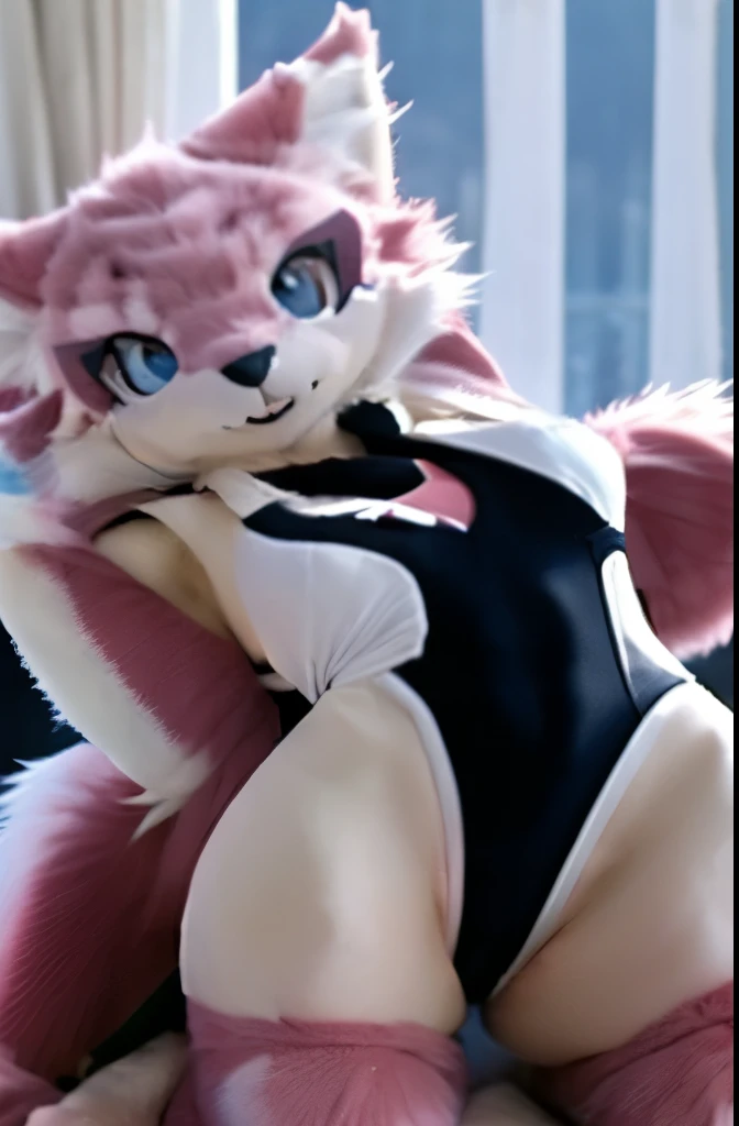 [kemono], (((closeup))), ((large boobs)), {female anthro wolf; (fur), furry, ((gorgeous hips)), ((detailed fur)), ((detailed shading)), ((HD)), ((furry art)), ((front view)), ((beautiful legs)), ((masterpiece)), ((portrait)), ((sitting on viewer)), visible snout, sexy face, big eyes, suggestive, handjob pov, butt on bed, (light blue eyes), ((pink, white and black fur)), multiple persons, 1female, 1male, {clothing; (red one-piece swimsuit)