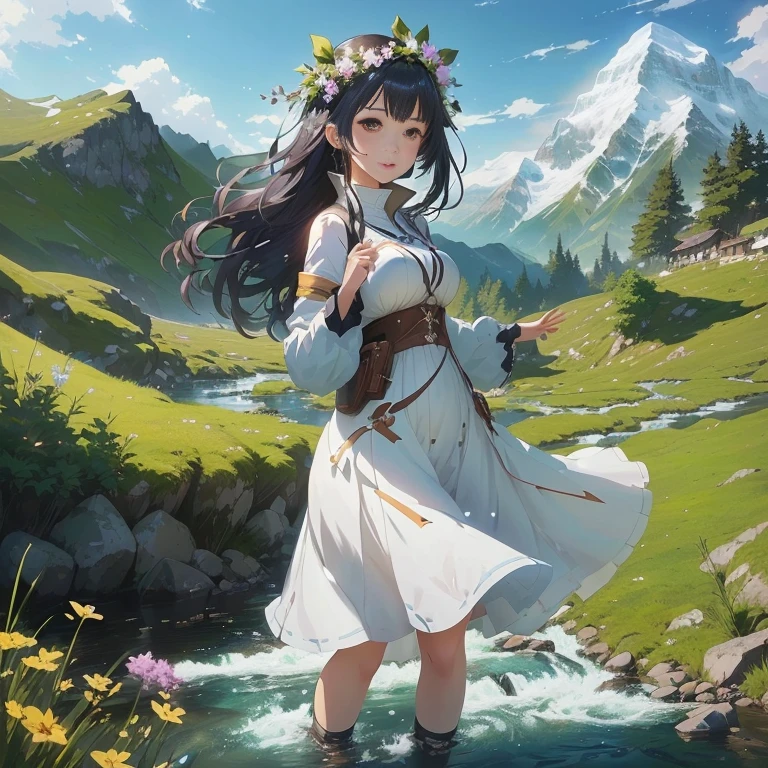 anime girl in a white dress standing in a stream with mountains in the background, epic light novel art cover, anime! 4 k, anime! 4k, guweiz, cushart krenz key art feminine, anime style 4 k, official art, rin, girl of the alps, guweiz on pixiv artstation, 4 k manga wallpaper