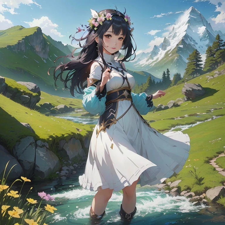 anime girl in a white dress standing in a stream with mountains in the background, epic light novel art cover, anime! 4 k, anime! 4k, guweiz, cushart krenz key art feminine, anime style 4 k, official art, rin, girl of the alps, guweiz on pixiv artstation, 4 k manga wallpaper
