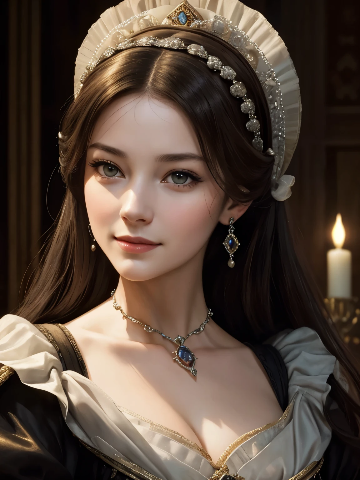 anne boleyn. average age. portrait. High quality. dramatic lighting. masterpiece. European woman. tempting glance. Beautiful face. play of light. sly smile

