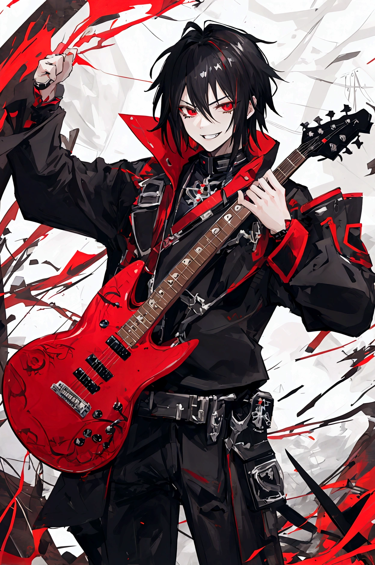 masterpiece, Best quality, Best quality, masterpiece, a high resolution, focus, anime style, black electric guitar, evil smile, BOY, Anime man, dark hair, Kare, metal worker, black and red design