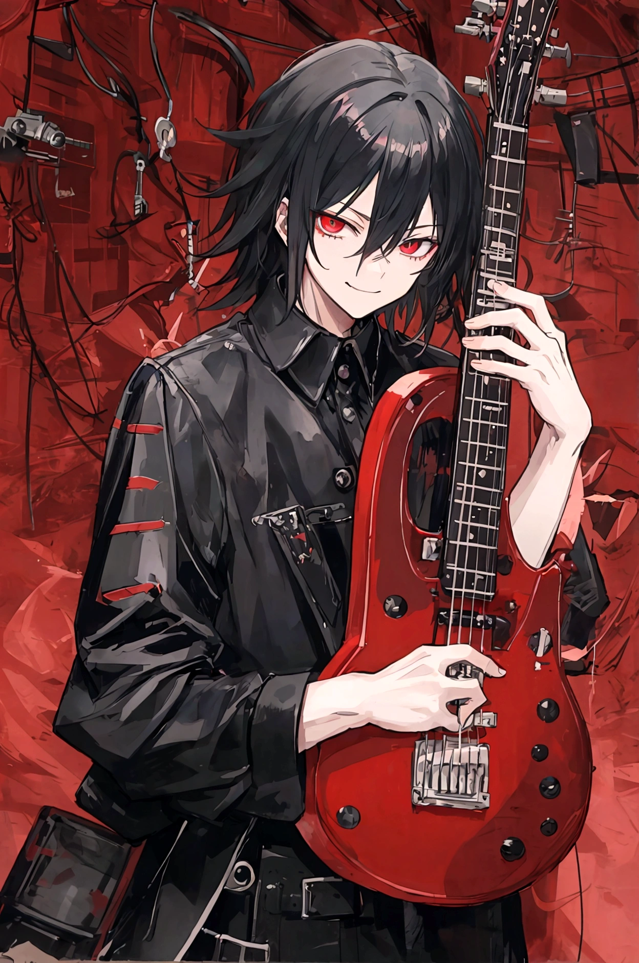masterpiece, Best quality, Best quality, masterpiece, a high resolution, focus, anime style, black electric guitar, evil smile, BOY, Anime man, dark hair, Kare, metal worker, black and red design