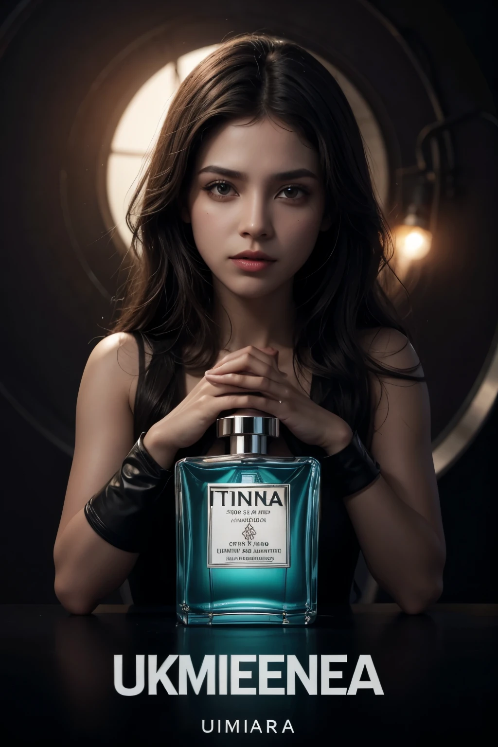 Tinha uma propaganda de um perfume de vidro com a tampa preta com o nome de umforeseen