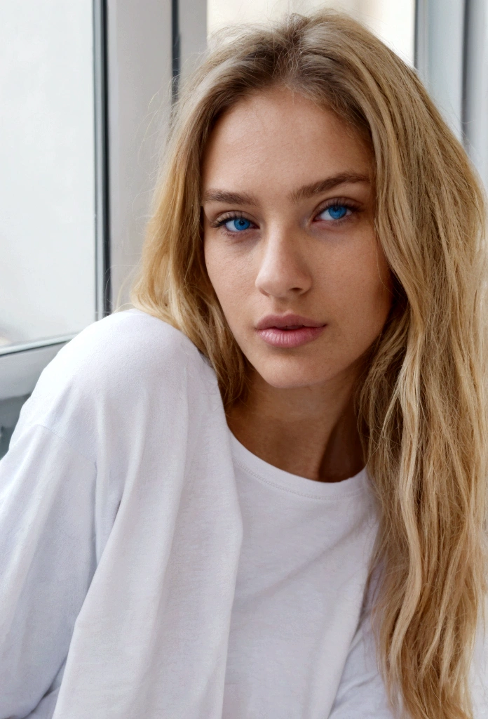 Femme blonde de 24 ans, assis sur des toits, wear an oversized white crew neck t-shirt, bronzage de la peau, dreamy eyes, Open lips, window light, 85mm, F2.8,