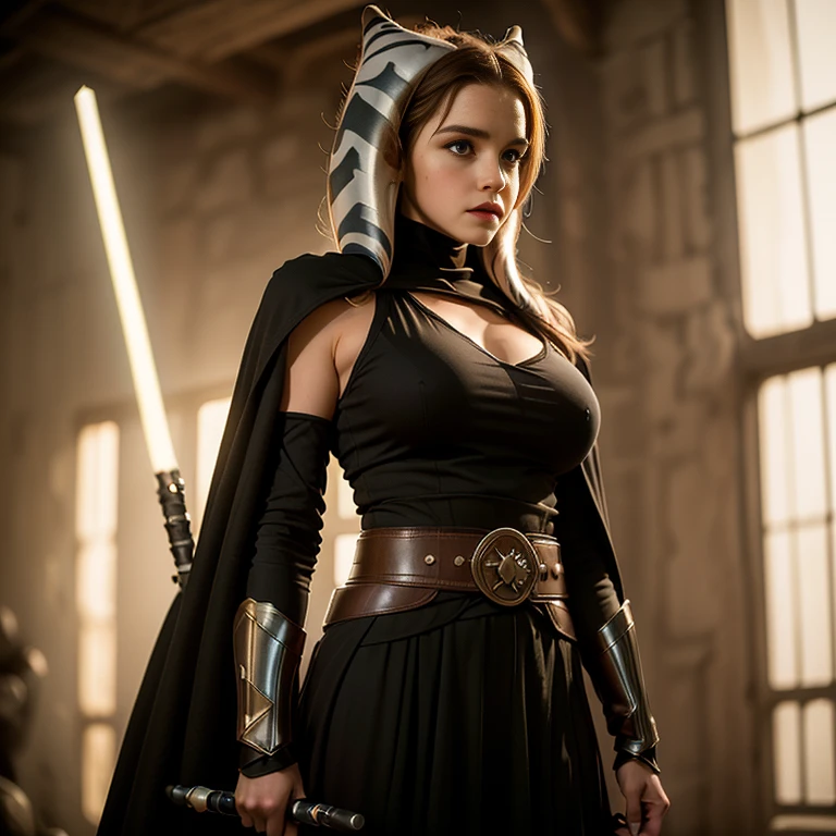 Emma Watson, (masterpiece:1.2, best quality:1.2, beautiful, high quality, highres:1.1, aesthetic), detailed, extremely detailed, ambient soft lighting, 4K, perfect eyes, angular face, sharp features, large nose, perfect lighting, 1girl, action scene, lightsaber fighting, lasers, explosions, fire, motion lines, depth of field, masterpiece, best quality, high-definition, armor, busty, (ahsoka tano), dual yellow lightsabers, evil space knight, space ninja, (wearing black robes, black stealth armor, breastplate, tunic, tabard, cowl, cloak, body glove, straps, buckles, skirts, long sleeves, fantasy, ((armor))), ((busty), slender body, thin, slim sexy body, slim waist, (((huge breasts, gigantic breasts)))), Imperial starship, Star Wars,