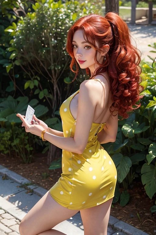 ((((Caucasian woman)))), ((red hair)), ((curly hair)), long hair,pony tail,olive green eyes, lined eyes, focus on eyes, highlights eyes, shiny eyes, red lipstick, smile, gold earrings, (toned body), ((athletic body)), ((mideum breasts)), (((legs))), ((geen summer dress)) with ((small yellow polka dot)), wrist watch, bracelets, nails red, (in brazil), (standing), many people, ((back)), buttocks, ass, back view, shot from top.