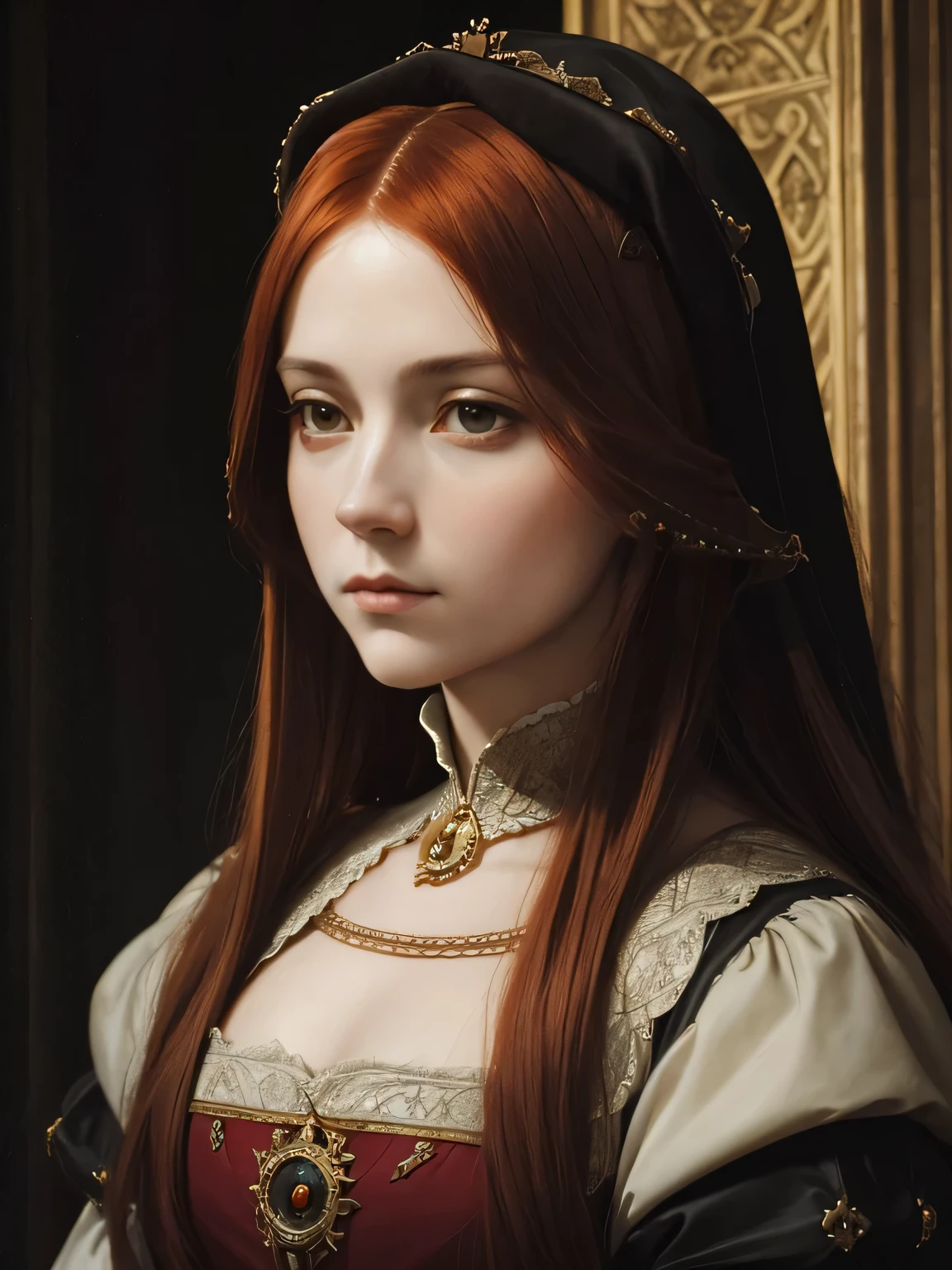 Catherine of Aragon. average age. portrait. High quality. dramatic lighting. masterpiece. European woman. serious and noble look. Beautiful face. play of light. arrogant look. redhead