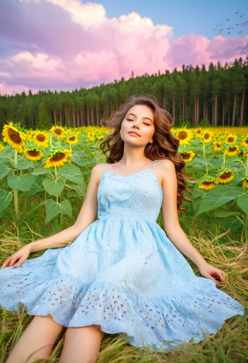 wonam laying on the grass, woman wearing light summer dress, womanhave long wavy brown hair, sunflowers in her hair, on the background pine forest, clear sky with Pink clouds, time near sunset, birds are fying