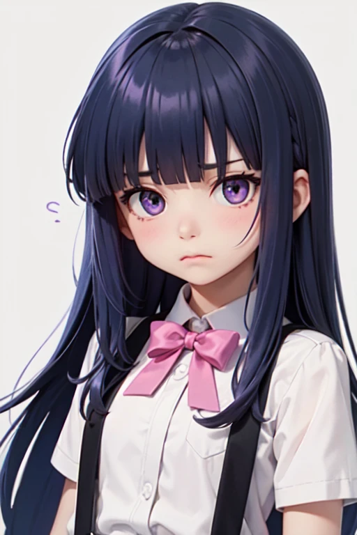 Frowning, disgusted look, Little, One girl, (furude rika), blue hair, purple eyes, Long Hair, blunt bangs, bangs, white shirt, pink bow, suspenders, black skir,