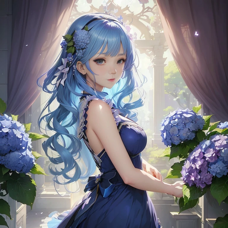 anime girl with blue hair and blue dress holding purple flowers, deity of hydrangeas, anime moe artstyle, high detailed official artwork, cushart krenz key art feminine, marin kitagawa fanart, anime art wallpaper 8 k, 8k high quality detailed art, anime style 4 k, anime art wallpaper 4k, anime art wallpaper 4 k