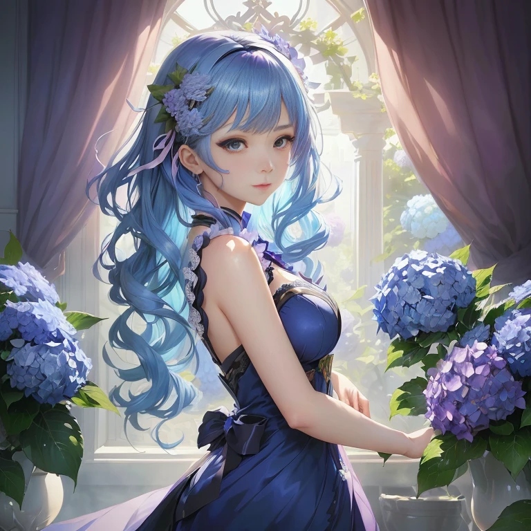 anime girl with blue hair and blue dress holding purple flowers, deity of hydrangeas, anime moe artstyle, high detailed official artwork, cushart krenz key art feminine, marin kitagawa fanart, anime art wallpaper 8 k, 8k high quality detailed art, anime style 4 k, anime art wallpaper 4k, anime art wallpaper 4 k