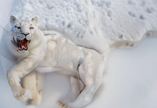 A giant white leopard, (((with 3 long fangs))), snow land, uhd, 12k, photography, Professional photo realistic nikon, masterpiece, ultra realistic, raw photo