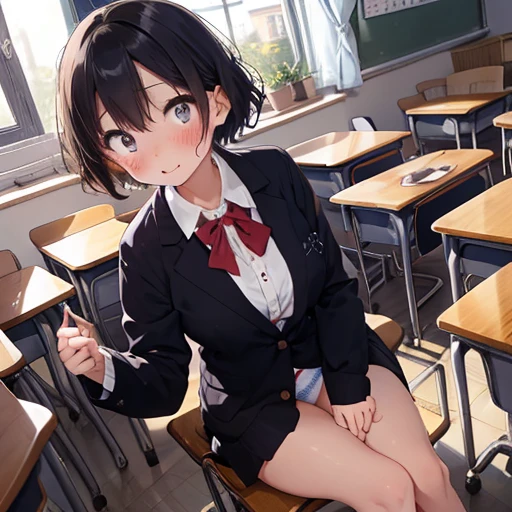 28-year-old female teacher、Take off your suit、Cute illustrations、Surrounded by students、classroom、blush、Show your underwear、Short Hair