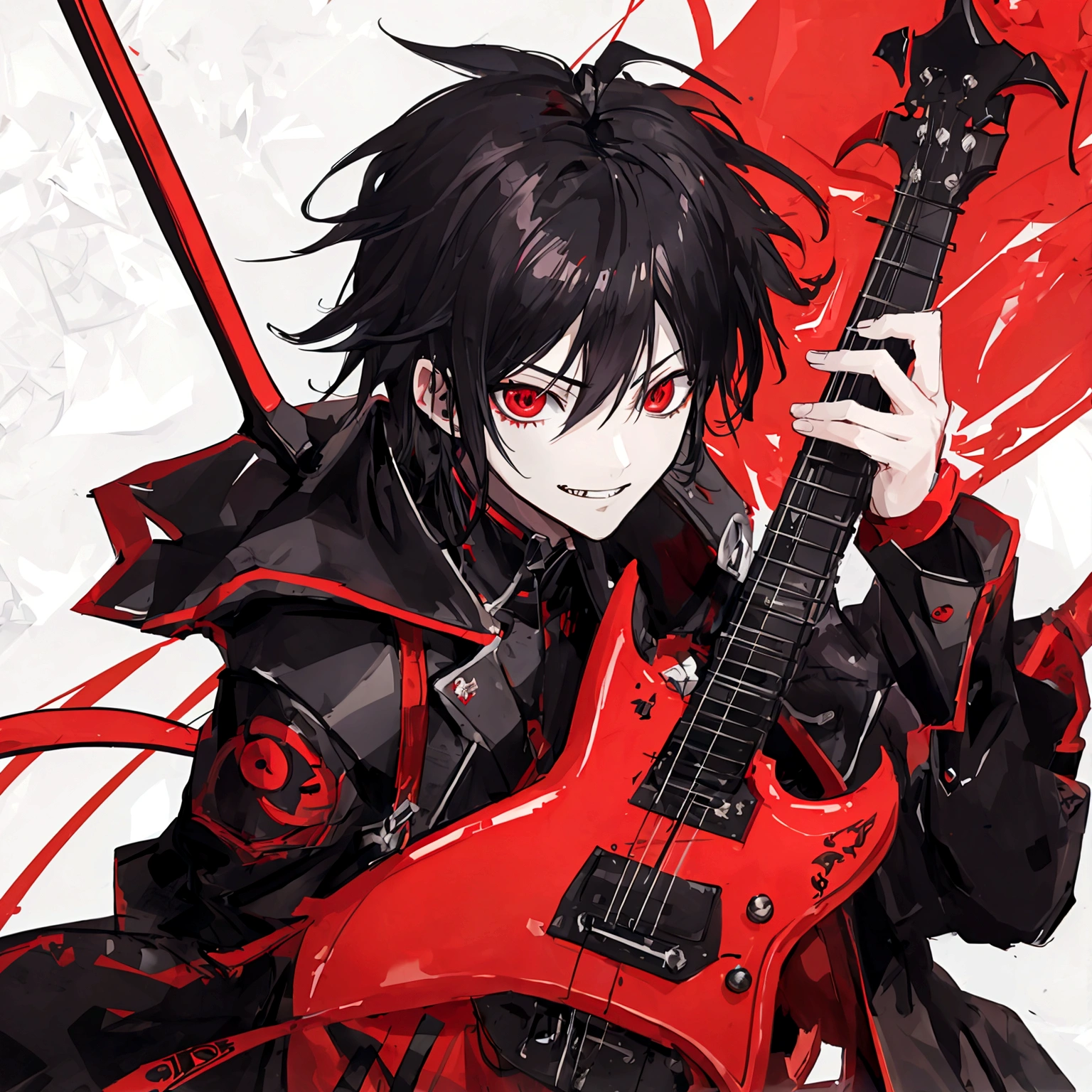 masterpiece, Best quality, Best quality, masterpiece, a high resolution, focus, anime style, black electric guitar, evil smile, BOY, Anime man, dark hair, Kare, metal worker, black and red design, avatar for discord