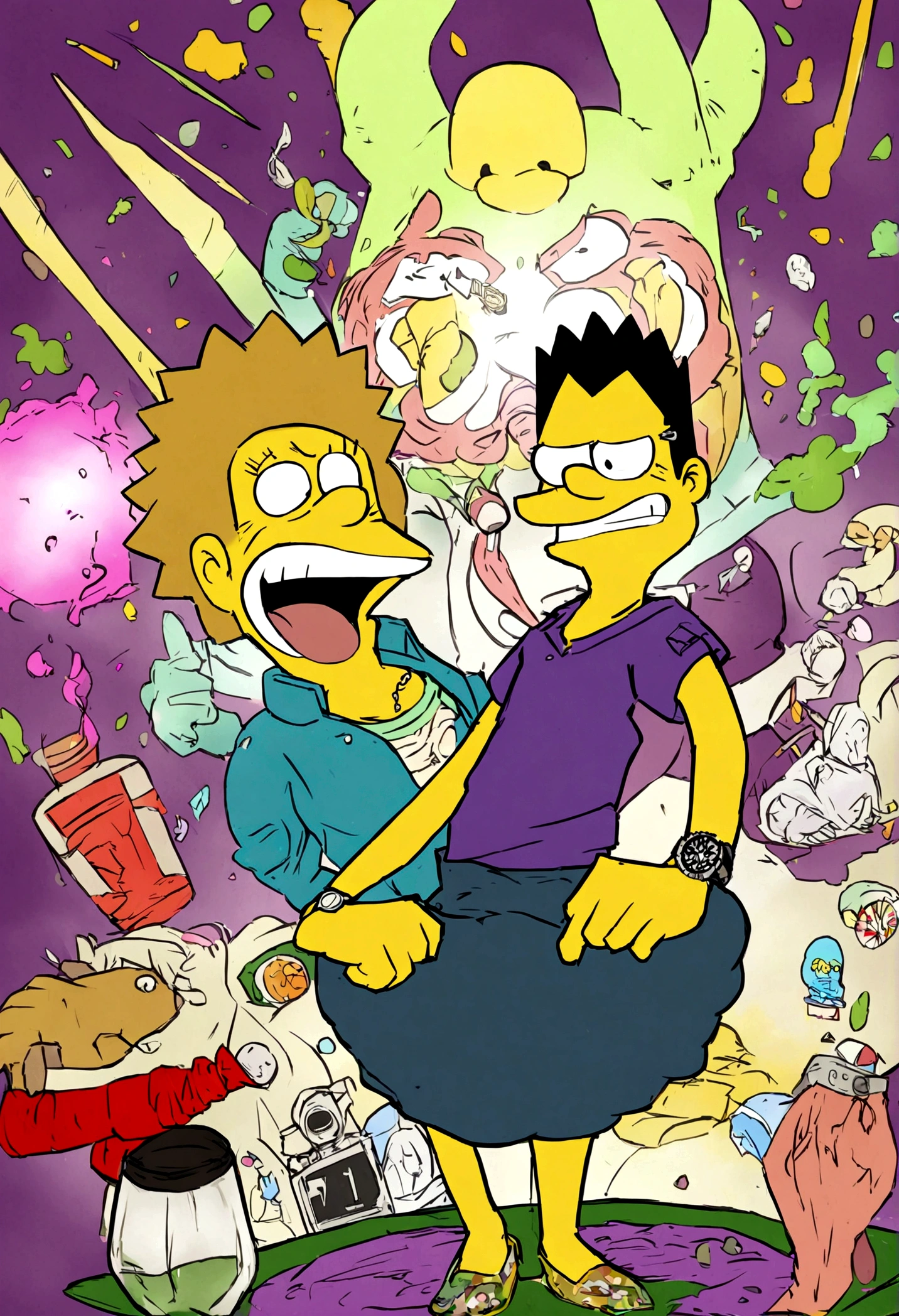 Crea una imagen en donde aparezca bart simpson el de la serie, que tenga tatuajes, joyas, rolex, animado, fantastic and creative, calidad Ultra hd