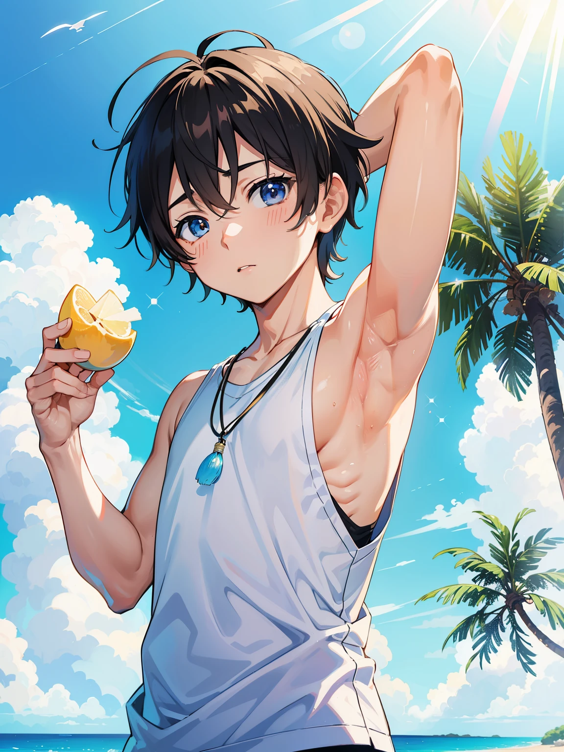 Anime style,Summer sky、Into the cloud、1boy,Little Boy, hansome boy, cute face, adorable boy, beach, coconut tree, Cheerful boy。Tank Tops、body only, 、(show his armpit, focus on the armpit, shine closer to the armpit), boy focus