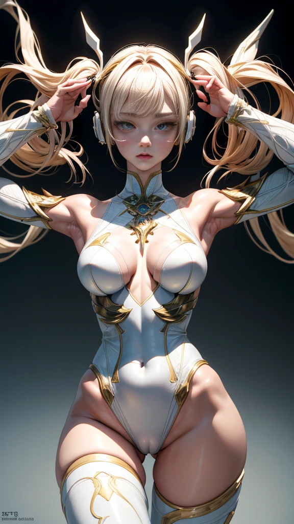 NSFW:1.4、Masterpiece、最high quality、high quality、High definition、High resolution、High detail、Lens flare、Ray Tracing、high qualityなテクスチャー、high qualityな影、Beautiful details、Detailed explanation、Detailed texture、Realistic facial expression、Realistic and colorful、Delicate、Cinematic Light、Side light、Sharp Focus、(1 Female:1.3)、(Intricate details、Makeup、Pure Eros Face_v1:0.5)、(Details Beautiful delicate face、Detailed beautiful delicate eyes、Perfect Facial Proportions、Detailed skin、Charm)、Fancy Twin Tails、Beautiful bangs、（Two-tone gradient hair color）、slender、(Large upward-facing breasts)、(Detailed crotch、Underopen、V-Cut、High Leg、Thong)、Thighs、White swimsuit、Headphones、Removing the Sleeve、boots、Provocative attitude、Release your knees、Leg spread、Raise your arms、Low-angle composition、(Take a deep breath、Work on this image step by step)