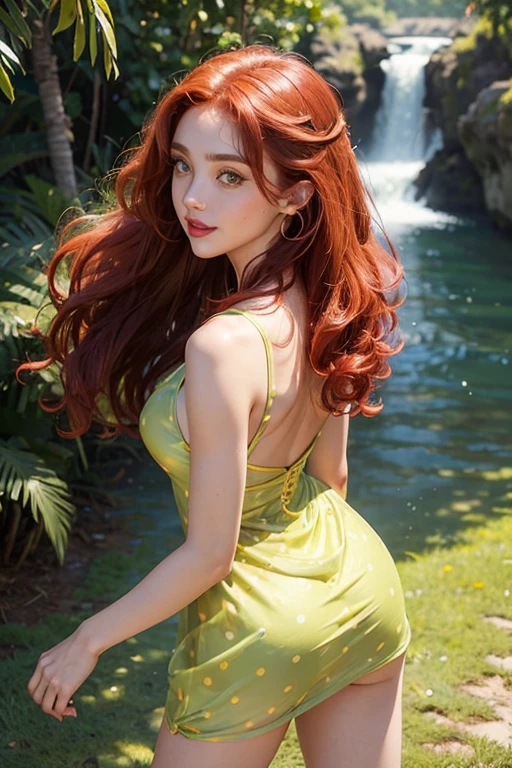 ((((Caucasian woman)))), ((red hair)), ((curly hair)), long hair,pony tail,olive green eyes, lined eyes, focus on eyes, highlights eyes, shiny eyes, red lipstick, smile, gold earrings, (toned body), ((athletic body)), ((mideum breasts)), (((legs))), ((bright green see through summer dress)) with ((small yellow polka dot)),(standing), many people, ((back)), buttocks, ass, back view, shot from top.