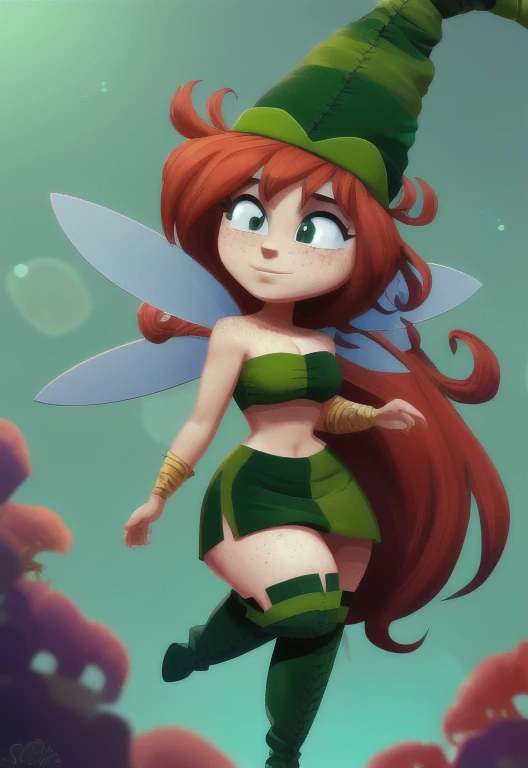 (extremely detailed 8k wallpaper),  solo, 1girl, betilla, fairy, wings, light-skinned with freckles, long red hair, blue eyes, pointed green hat, strapless green top, green mini skirt, green knee-high boots, best quality, sharp colors
