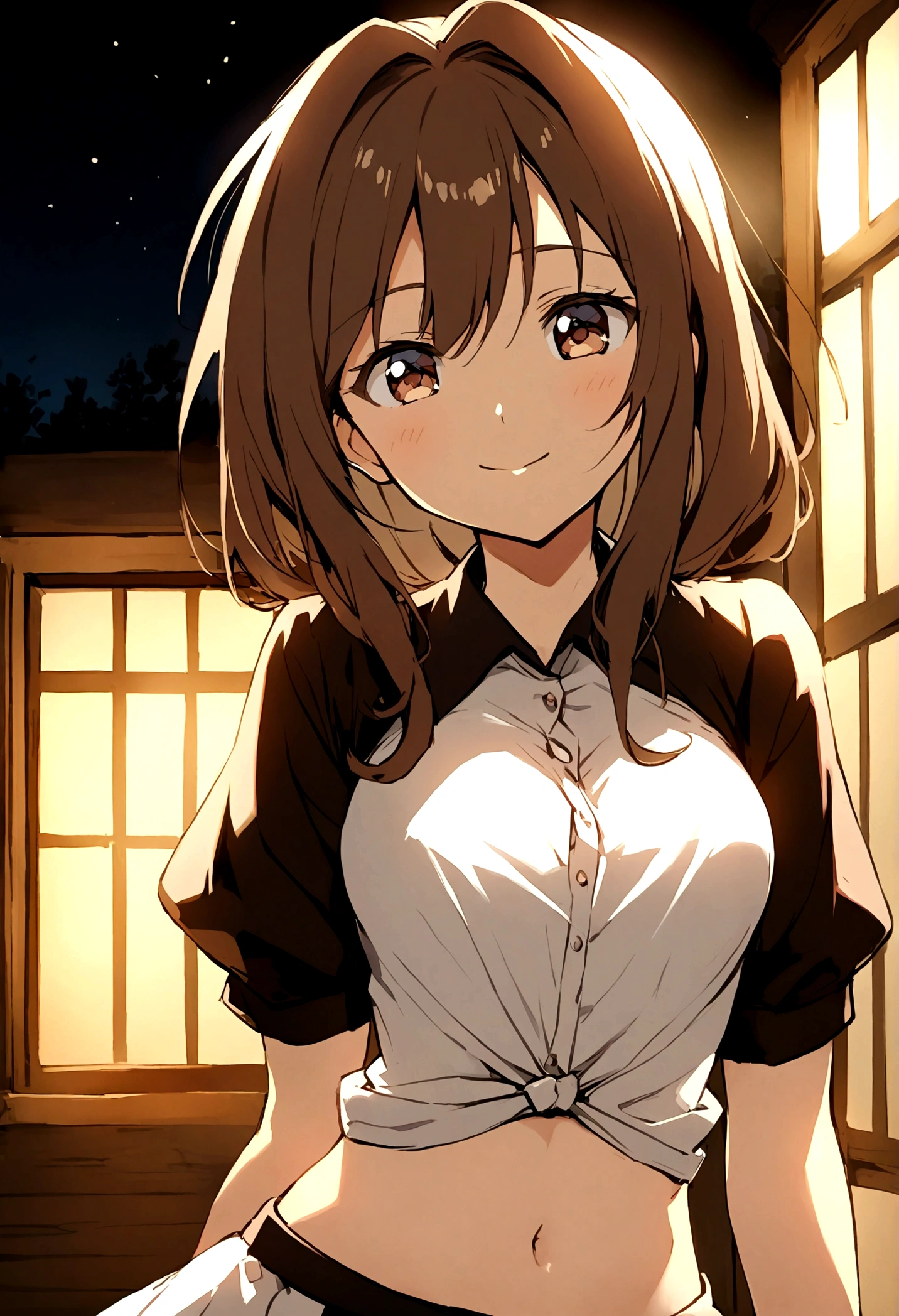 A waitress wearing knotted shirt, girl with exposed navel, Anime girl smilin teasingly, brunette