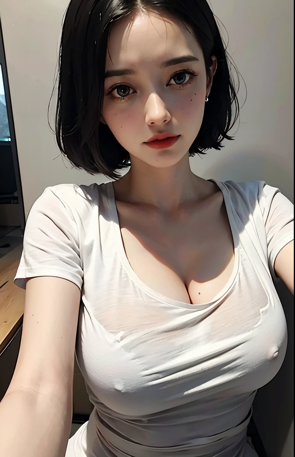 Curvy Eva Green women big  black hair white t-shirt close up face short selfie