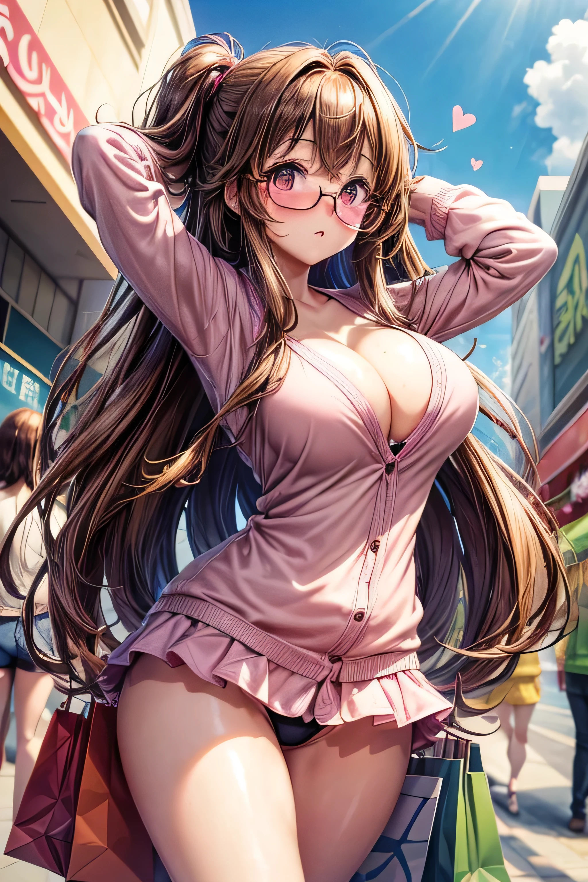 High resolution, high quality, One girl, Anime Girls,beautiful girl, Long brown hair, Brown eyes,heart shaped pupils, Green glasses, Sunburned skin, Super big ,beautiful breasts, (Big Ass),beautiful ass,Embarrassed,(shame),pink Cardigan,swimsuit,standing,(open legs),arms behind head,at Shopping Mall,