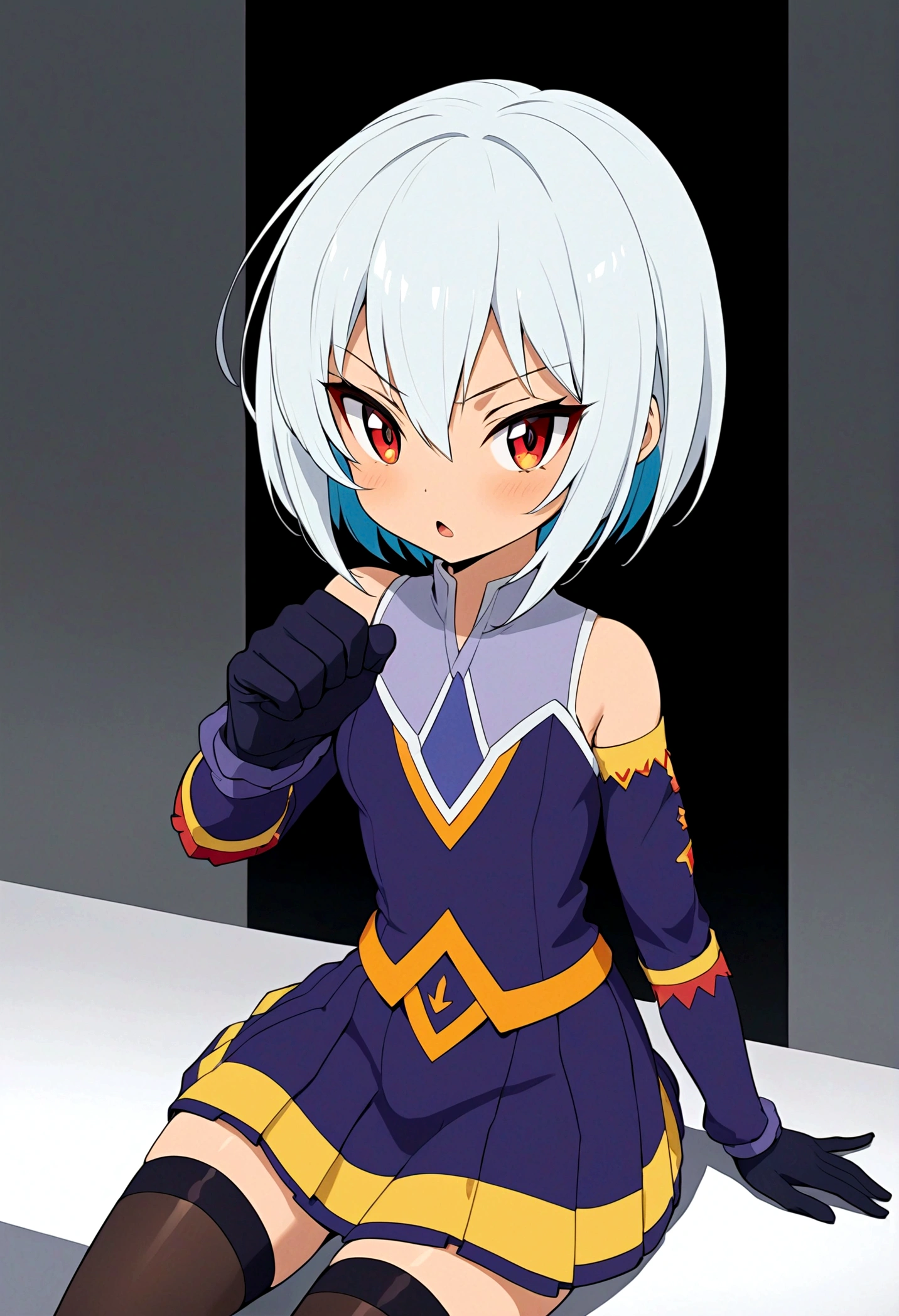 The tomboyish girl sexy, smart, Short Hime Hair Cut, White Hairs, Red Eyes, wearing a handless purple plain casual cloth, skirt, long black gloves, and thigh-high stockings, Anime Style, HDR, highly detailed, 8k, masterpiece, digital painting, vibrant colors, dramatic lighting, dynamic composition, intricate details, White plain background.