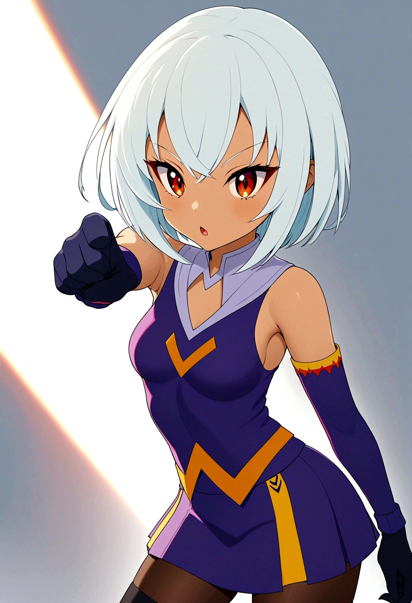 The tomboyish girl sexy, smart, Short Hime Hair Cut, White Hairs, Red Eyes, wearing a handless purple plain casual cloth, skirt, long black gloves, and thigh-high stockings, Anime Style, HDR, highly detailed, 8k, masterpiece, digital painting, vibrant colors, dramatic lighting, dynamic composition, intricate details, White plain background.