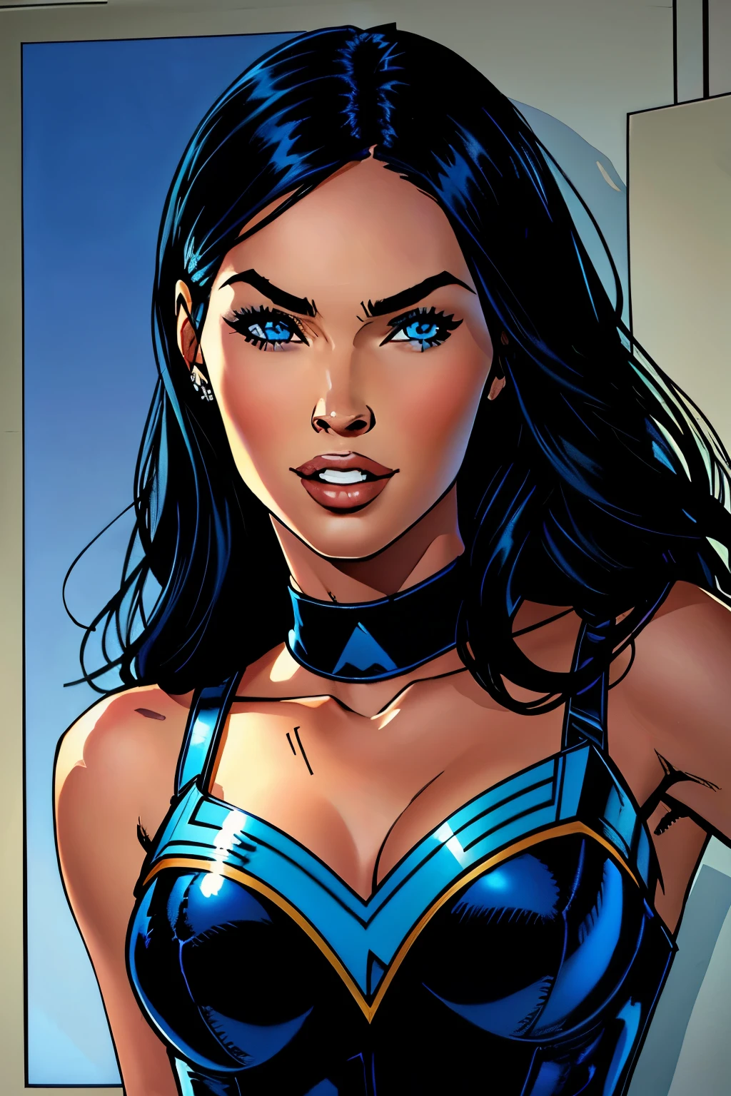 Megan fox, retrato, staright_black_hair, blue eyes, frown, smile, portrait, primer plano