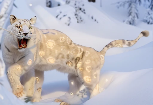 A giant white leopard, (((with 3 long fangs))), snow land, uhd, 12k, photography, Professional photo realistic nikon, masterpiece, ultra realistic, raw photo 