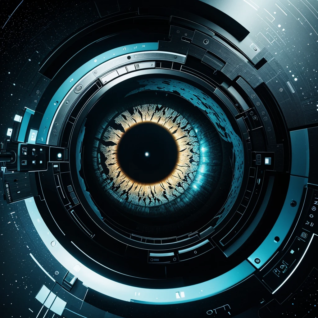 Create an illustration of an eye that inside is a technological planet that represents the following basic terms:

TICs
Multimedia.
Hipermedia.
Hipertexto.
Recursos audiovisuales.
New technologies.
Challenges of new technologies.
Opportunities of new technologies.
