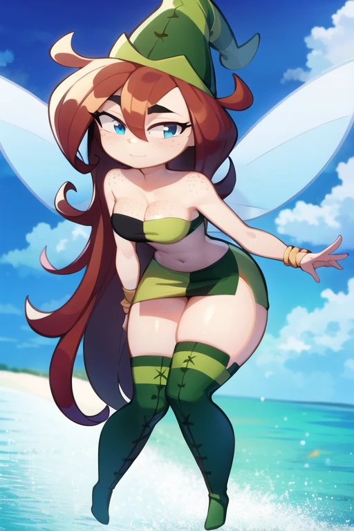 (best quality:1.3), (4K quality),masterpiece, best quality, high res, detailed, (Detailed face:1.2), (Detailed eyes:1.2), (Perfect figure:1.2), CARTOON, ANIME, CARTOON ARTSTYLE, solo, 1girl, betilla, fairy, wings, light-skinned with freckles, long red hair, blue eyes, pointed green hat, strapless green top, green mini skirt, green knee-high boots
