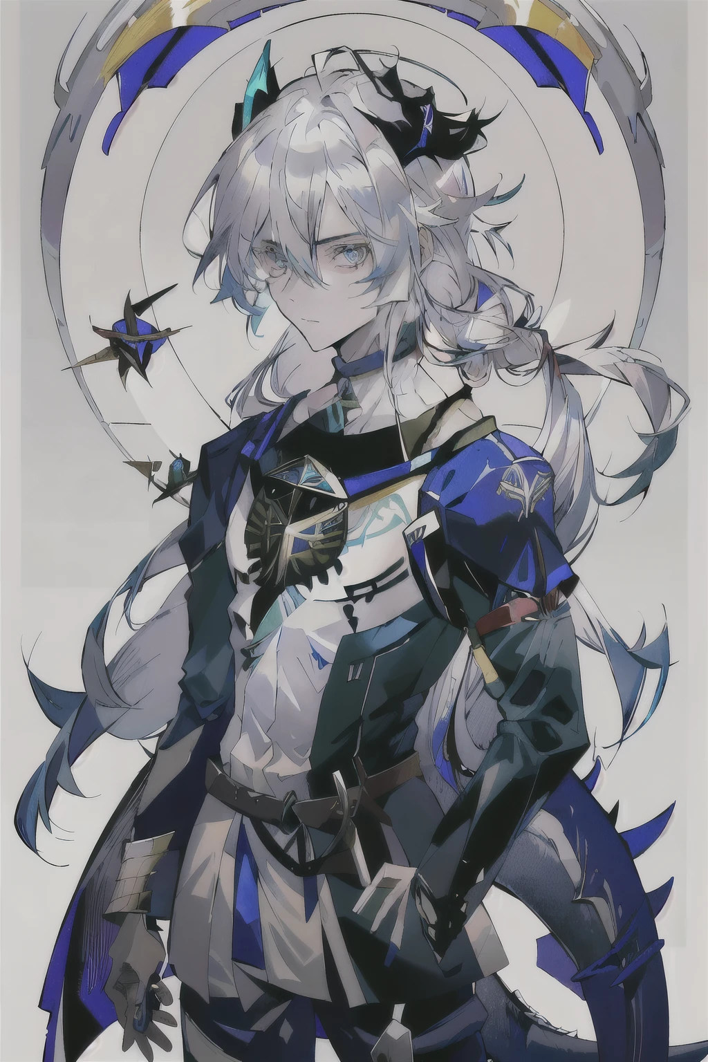 an anime man 1.80 tall (long silver hair) with (green eyes) with (a scar on his forehead in x) and (several runes on his body with a blue color but the most striking is one that resembles a dragon in your back) 

clothes (he wears a torn cloak and a breastplate together and shoulder pads made of old plates with a symbol of two dragons) (black coats)