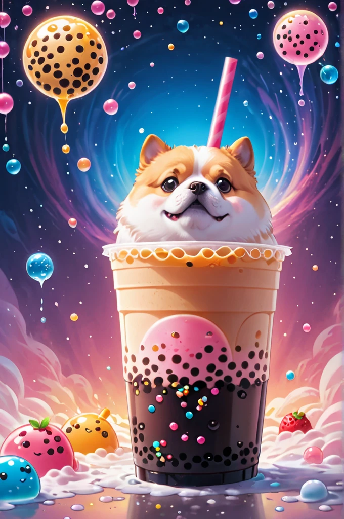 Cosmic Canvas,perfection, clean, masterpiece, Professional artwork, Famous works of art, fat dog drawing, (bubble tea background),  